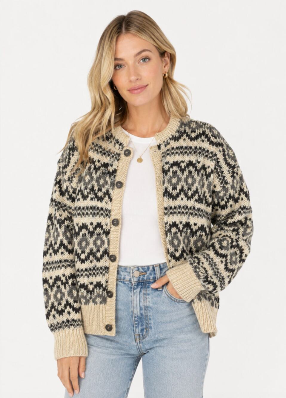 Musk Ox Womens S Oversized Cardigan 100% Pure Virgin Icelandic Wool Fair Isle